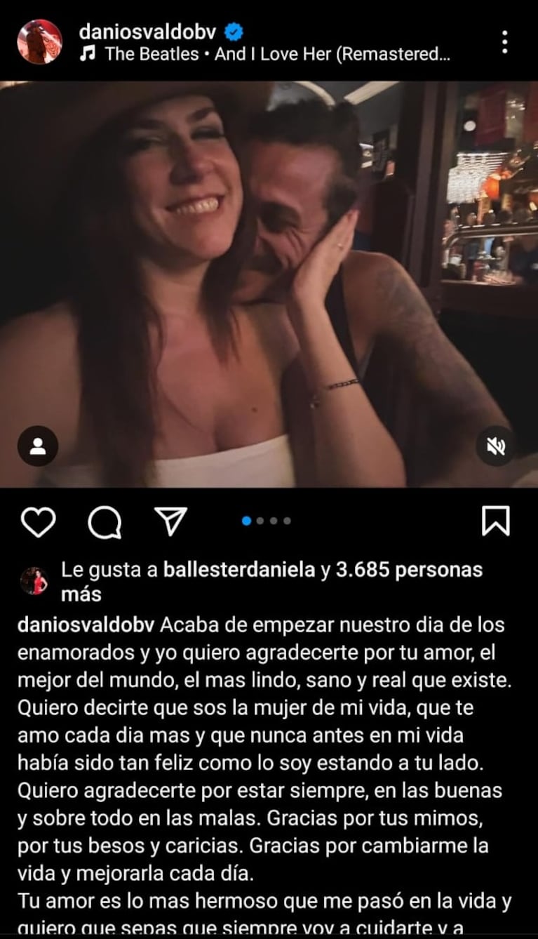 La declaración de amor de Daniel Osvaldo a Daniela Ballester en el Día de los Enamorados, el pasado 14 de febrero.