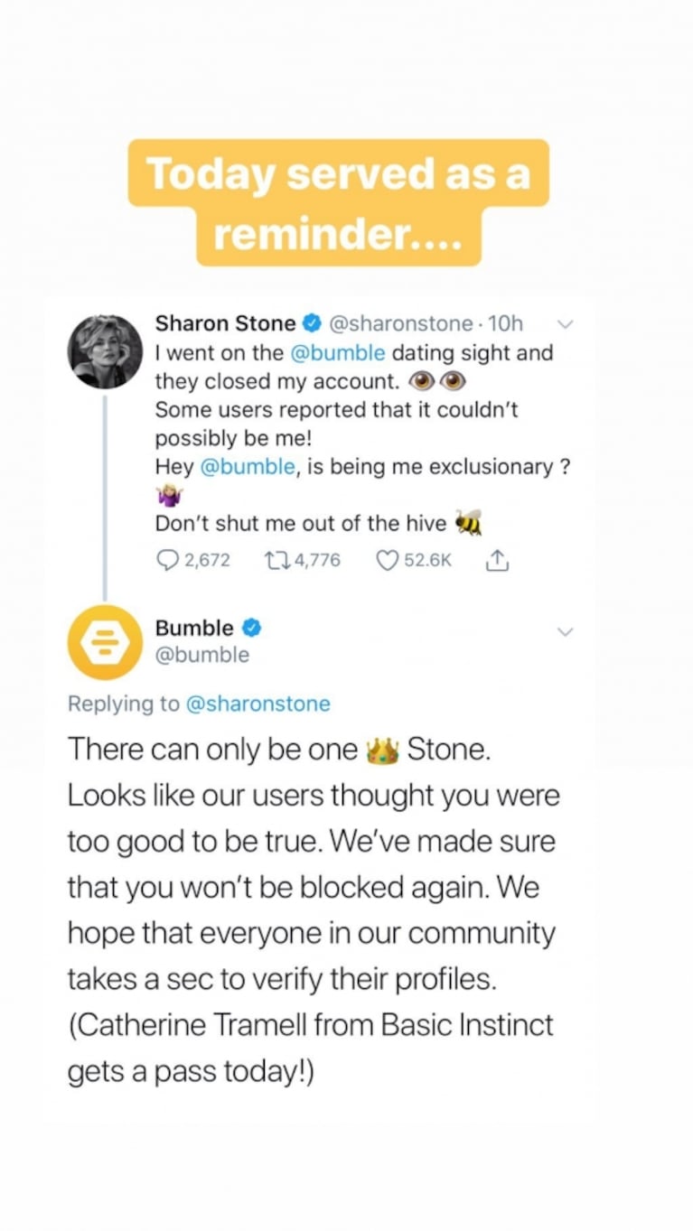 La divertida queja de Sharon Stone a una app de citas ¡por borrarle el perfil!: "¿Es excluyente ser yo?"