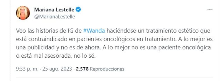 La doctora Mariana Lestelle puso en duda la enfermedad de Wanda Nara