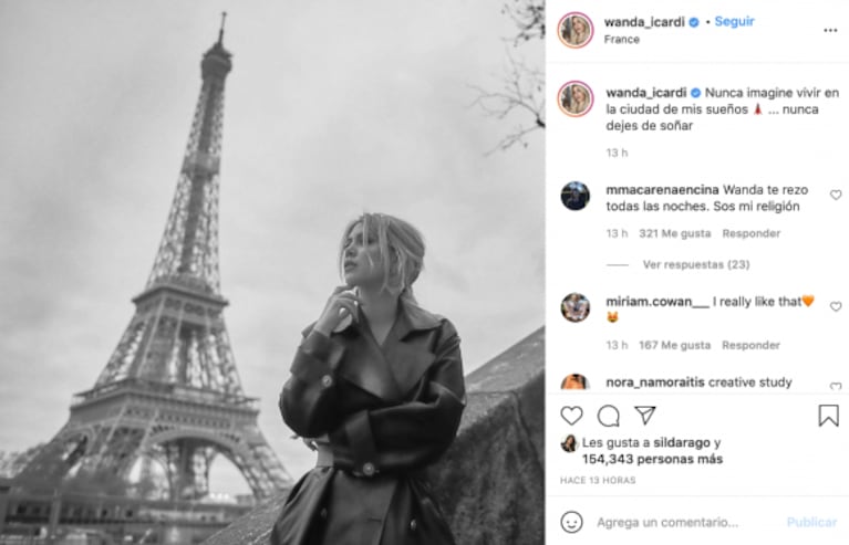 La emoción de Wanda Nara al fotografiarse con la Torre Eiffel: "Nunca imaginé vivir en la ciudad de mis sueños"