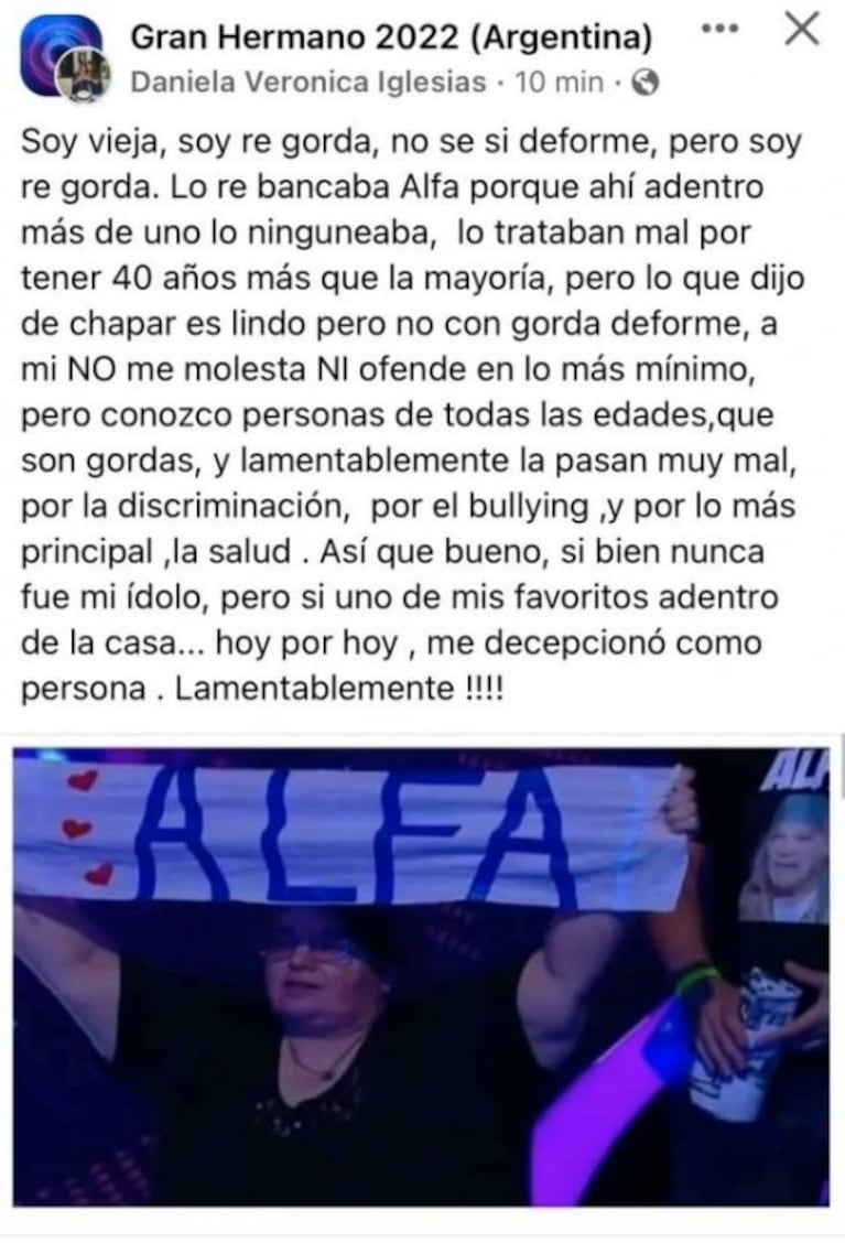 La fan número uno de Alfa de Gran Hermano se dio vuelta: "Me decepcionó como persona"