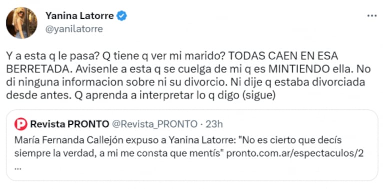 La filosa respuesta de Yanina Latorre a María Fernanda Callejón por haber dicho que la maltrataba cuando se divorció 