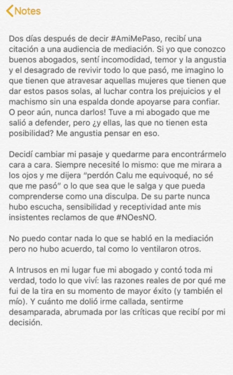 La fuerte carta de Calu Rivero tras la acusación de acoso contra Juan Darthés: "No me callo más; no es no"