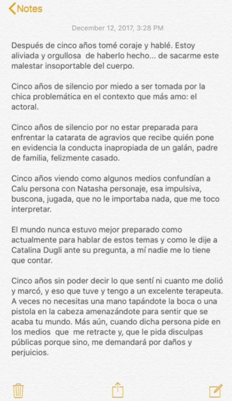 La fuerte carta de Calu Rivero tras la acusación de acoso contra Juan Darthés: "No me callo más; no es no"