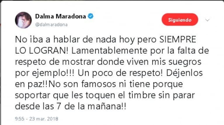 La furia de Dalma Maradona en Twitter, el día de su boda por Civil