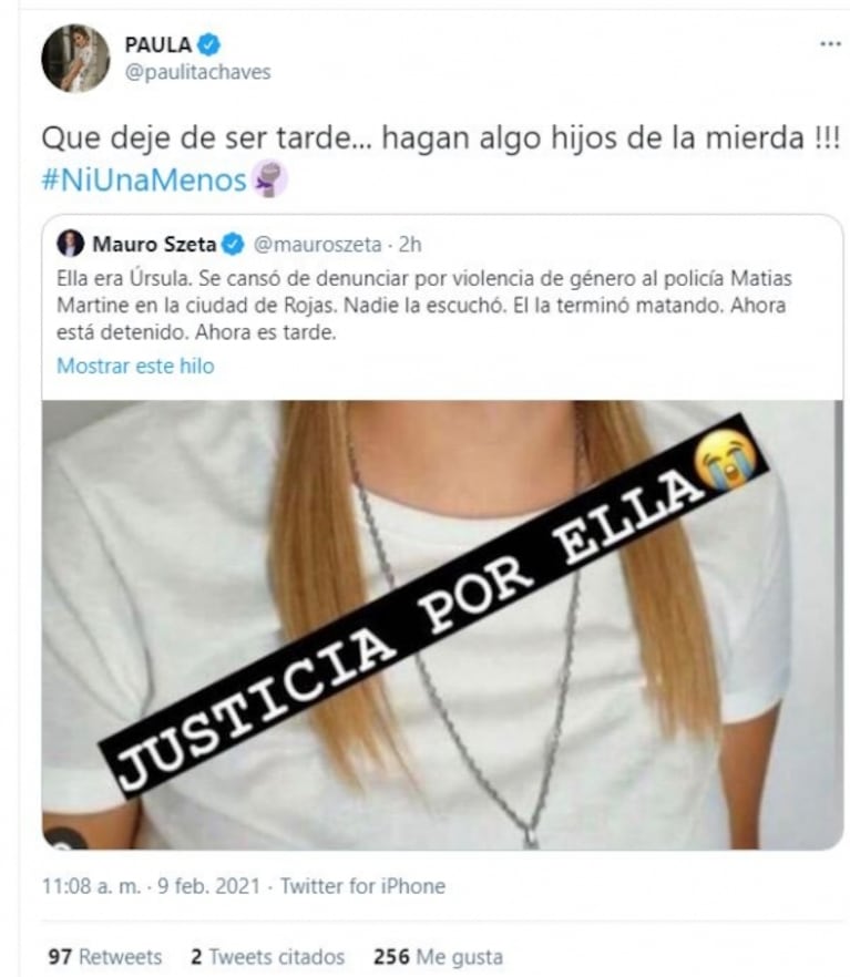 La furia de Paula Chaves por el femicidio de Úrsula, apuñalada por su exnovio policía: "¡Hijos de la mierda!"