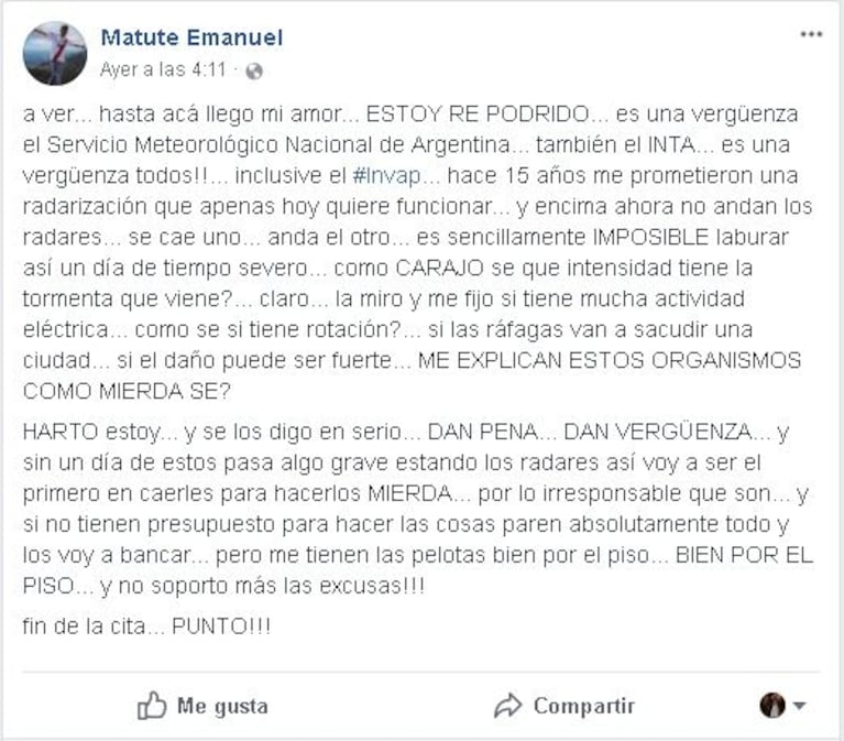 La furia del pronosticador de TN: "El Servicio Meteorológico Nacional es una vergüenza"