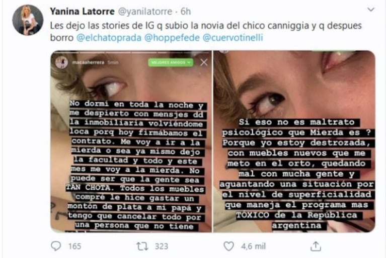 La grave acusación de la novia de Alexander Caniggia que luego borró: "Si no es maltrato psicológico, ¿qué es?"