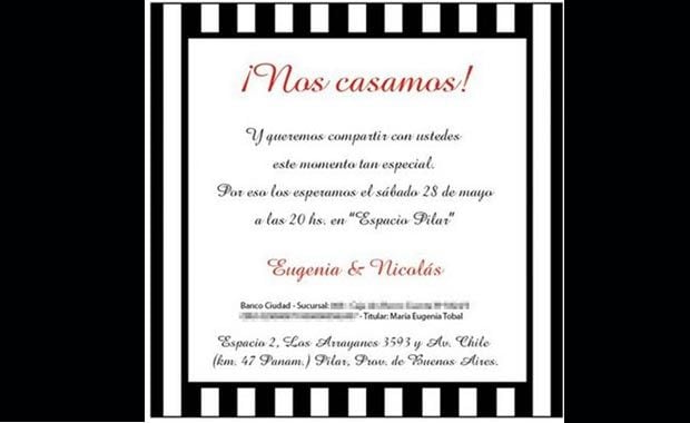 La invitación al casamiento de Nicolás Cabré y María Eugenia Tobal. (Foto: Web).