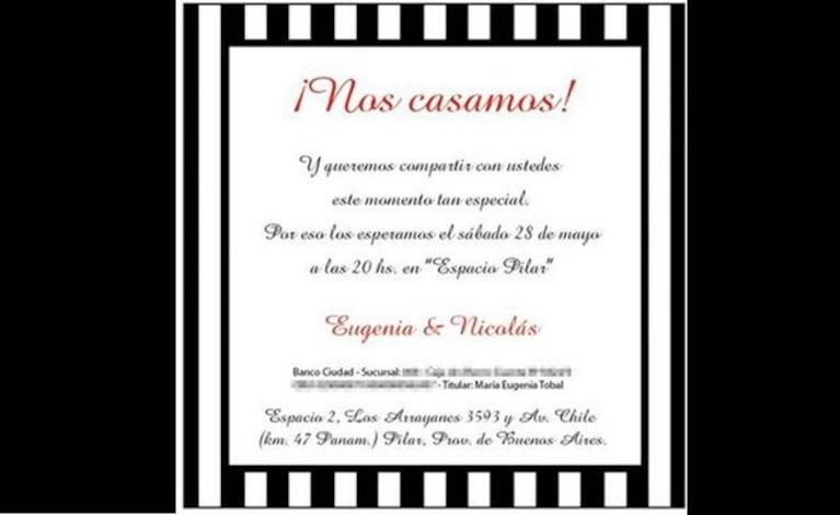 La invitación al casamiento de Nicolás Cabré y María Eugenia Tobal. (Foto: Web).