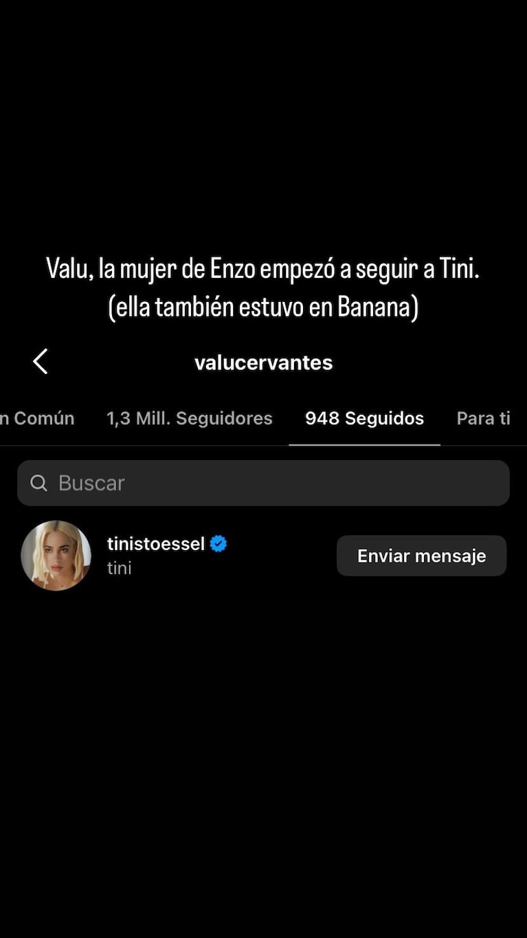 La periodista Telechea compartió además esta captura donde muestra que la esposa de Enzo empezó a seguir en Instagram a Tini.