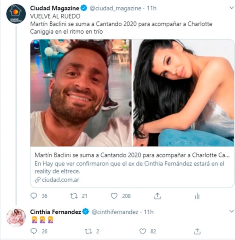 La picante reacción de Cinthia Fernández al enterarse que Martín Baclini estará en el Cantando con Charlotte