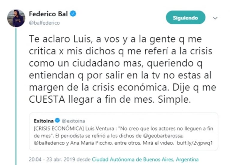 La picante reacción de Fede Bal a las críticas por decir que le cuesta llegar a fin de mes: "Hagan más el amor"