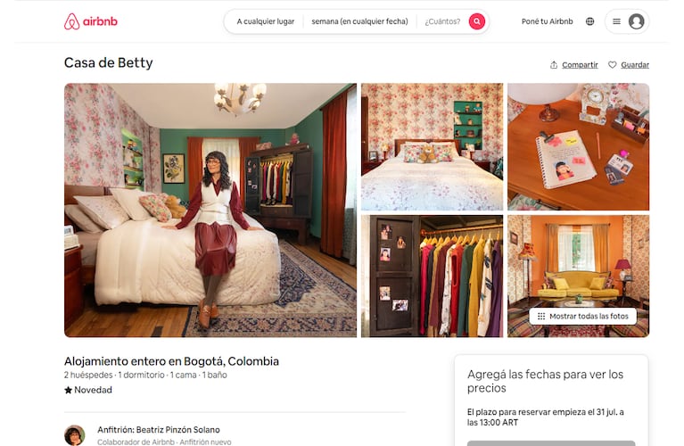 La plataforma airbnb ofrece el alojamiento en la casa de Betty la fea en Bogotá, Colombia.