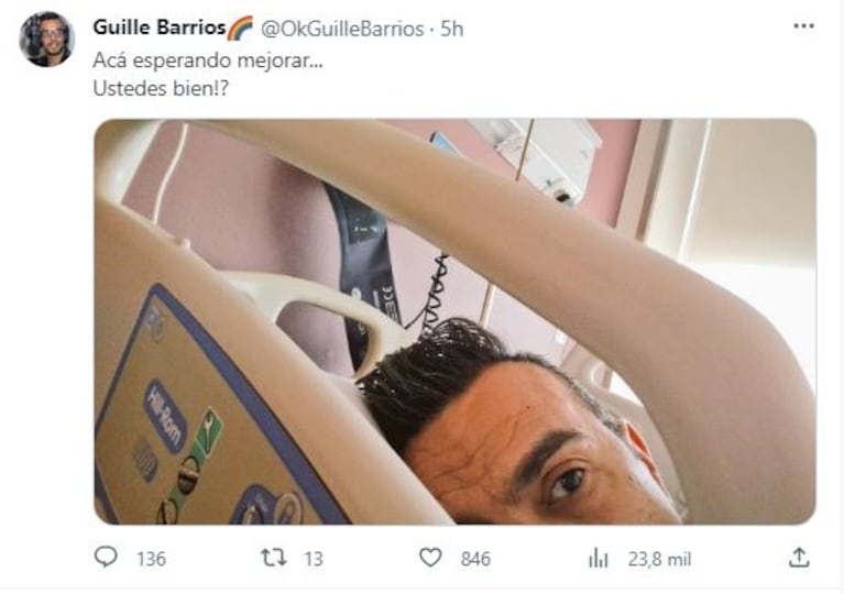 La primera foto del periodista Guillermo Barrios desde el sanatorio, a casi dos semanas de su internación: "Acá, esperando mejorar"