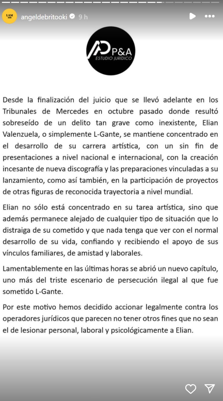 La productora de L-Gante lo defendió de la denuncia en su contra.