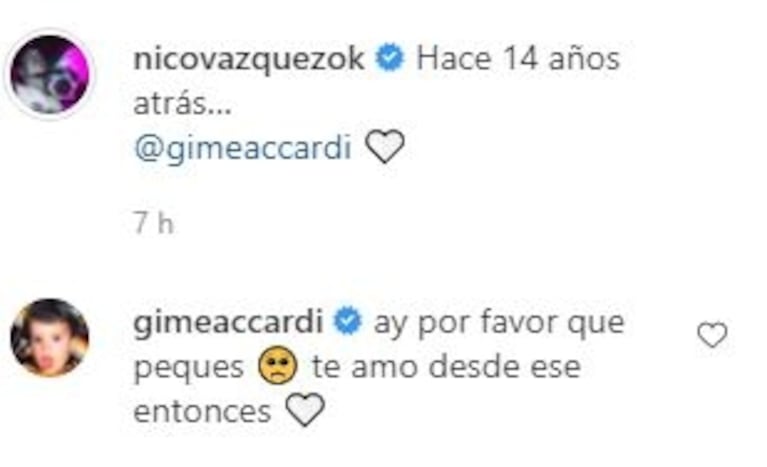 La reacción de Gimena Accardi al ver la foto de hace 14 años que le dedicó Nico Vázquez: "Te amo desde ese entonces"