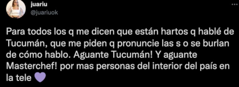 La reacción de Juariu ante las críticas por cómo habla en MasterChef Celebrity: "Por más personas del interior del país en la TV"