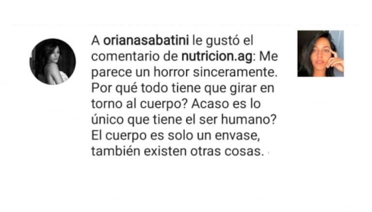 La reacción de Oriana Sabatini tras la absurda crítica de Lucía Rubio al ver su cuerpo retocado con Photoshop