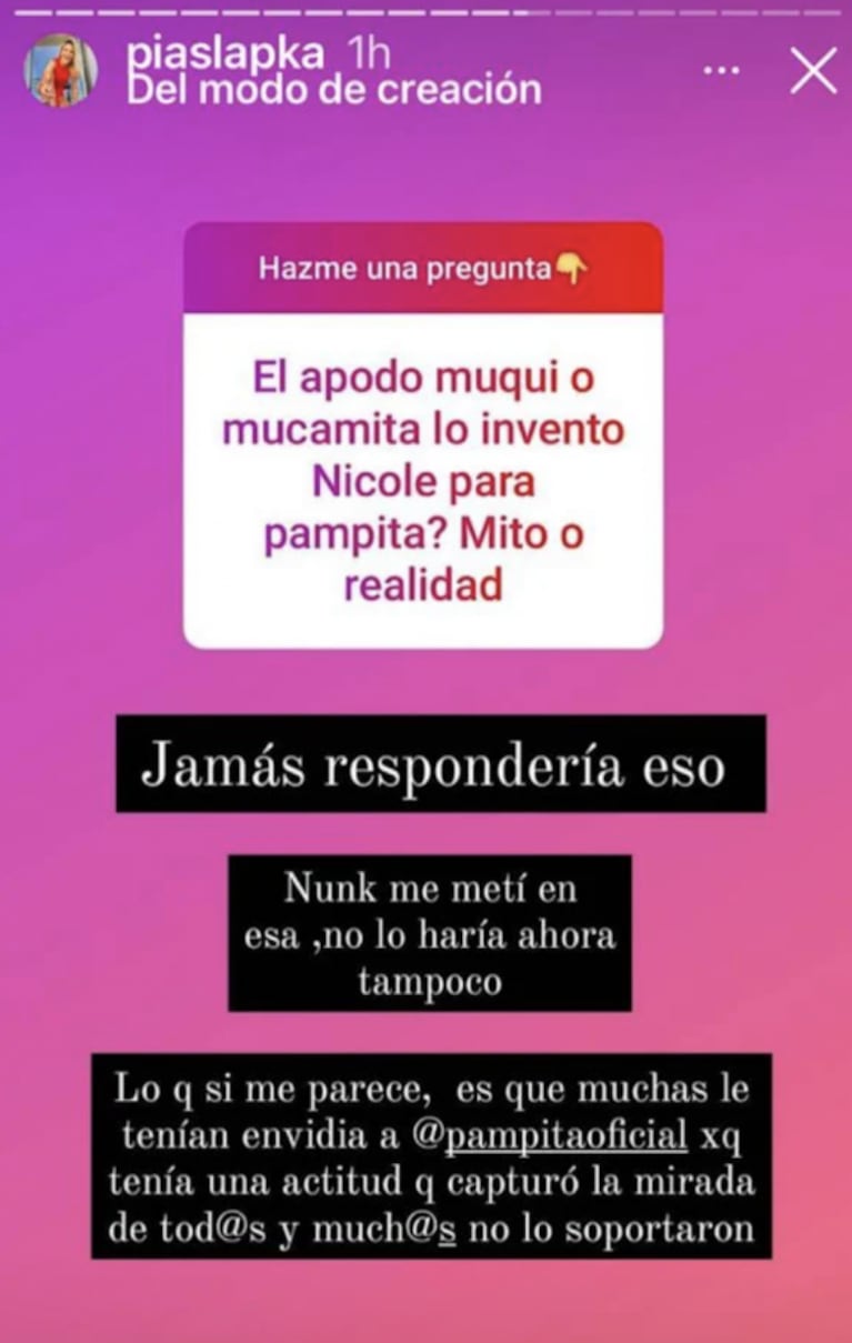 La reacción de Pía Slapka cuando le preguntaron si Nicole Neumann inventó el apodo "Muqui" para Pampita: "Muchos le tenían envidia"