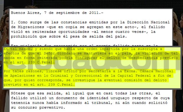 La resolución judicial que ordena investigar a Roberto Giordano por el posible delito de "desobediencia".