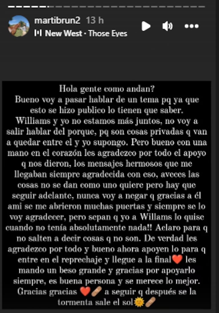 La separación de Paisa Williams López de Gran Hermano 2023 y Martina Brun.