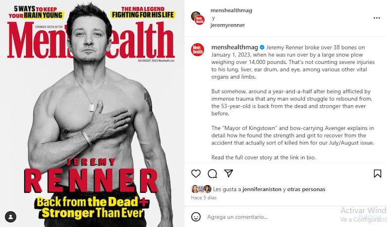 La tapa de la revista en la que Jeremy Renner mostró sus cicatrices (Foto: Instagram)