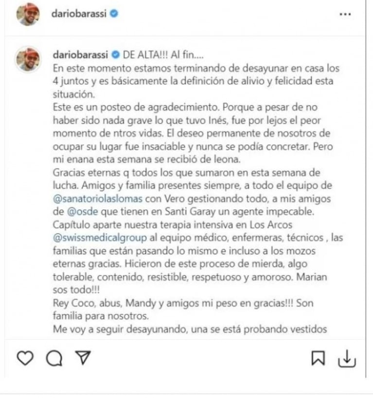 La tierna foto familiar de Darío Barassi tras el alta médica de su hija: "Los cuatro"