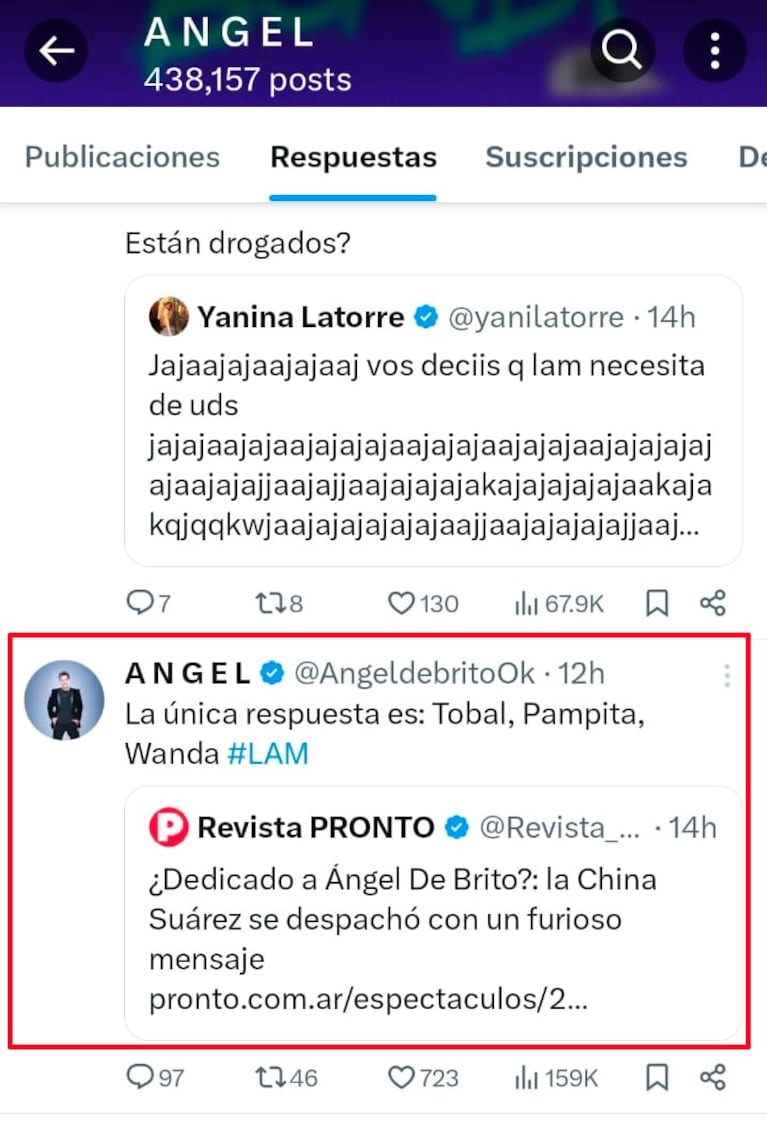 La tremenda respuesta de Ángel de Brito a la China Suárez, furiosa con LAM: “Tobal, Pampita y Wanda…”