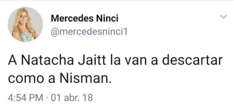 La verdad sobre el polémico tweet que Natacha Jaitt le adjudicaba a Mercedes Ninci