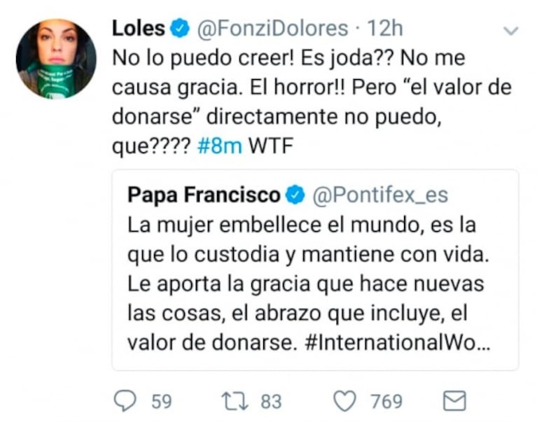 Lali, Dolores Fonzi, Jimena Barón y Griselda Siciliani, duras con el papa Francisco por su mensaje por el Día de la Mujer