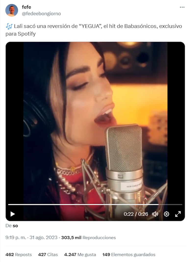 Lali Espósito compartió su reversión de Yegua de Babasónicos y arrasó en las redes