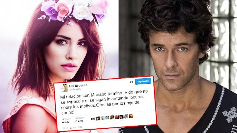 Lali Espósito confirmó su separación de Mariano Martínez con este tweet. Fotos: archivo Web y Twitter