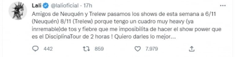 Lali Espósito reveló por qué tuvo que posponer dos shows: "A pedido de los médicos"