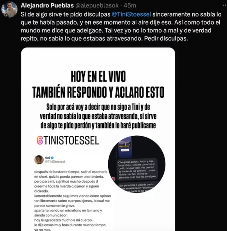 Las disculpas de Alejandro a Tini.