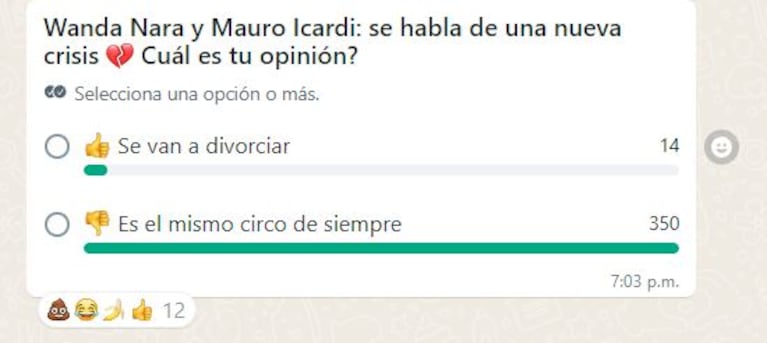 Las encuestas sobre la separación de Wanda Nara y Mauro Icardi en las redes (Foto: WhatsApp)