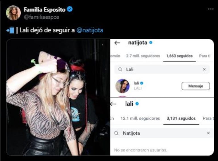 Las fans de Lali descubrieron cómo dejó de seguir a Nati Jota (Twitter / X @familiaespósito)