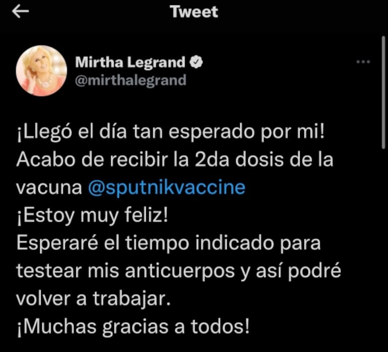 Las fotos de Mirtha Legrand tras recibir la tercera dosis de la vacuna contra el Covid