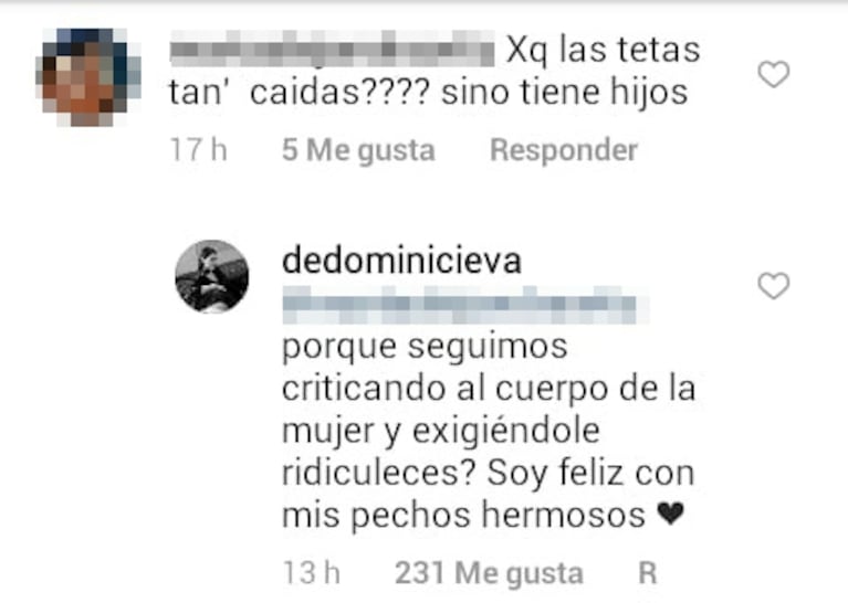 Las respuestas de Eva de Dominici, tras maliciosos comentarios sobre sus lolas: "¿Por qué le exigimos ridiculeces al cuerpo de la mujer?"