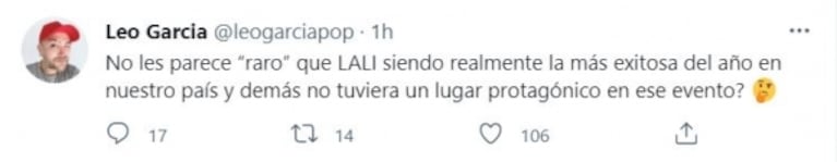 Leo García criticó con todo a Tini Stoessel por los Premios Gardel y disparó: "Qué raro que no estuvo Lali Espósito"