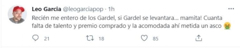 Leo García criticó con todo a Tini Stoessel por los Premios Gardel y disparó: "Qué raro que no estuvo Lali Espósito"