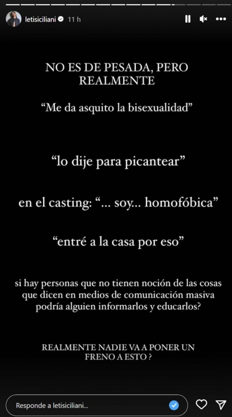 Leticia Siciliani furiosa con Martina de Gran Hermano por su discurso homofóbico 