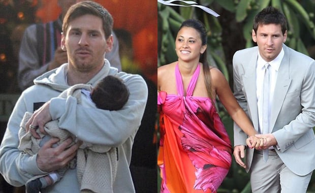 Lio Messi con Thiago a upa y junto a su mujer, Antonella (Foto: Web).