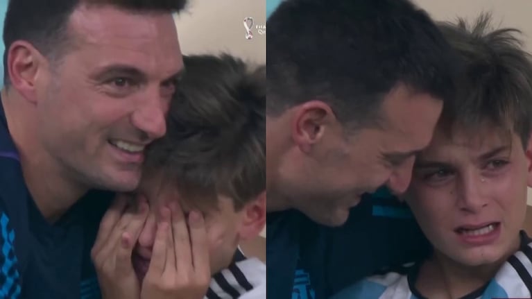 Lionel Scaloni y el momento más emotivo junto a su hijo, quien rompió llanto tras el triunfo de Argentina en Qatar (Fotos: Capturas de TyC Sports)