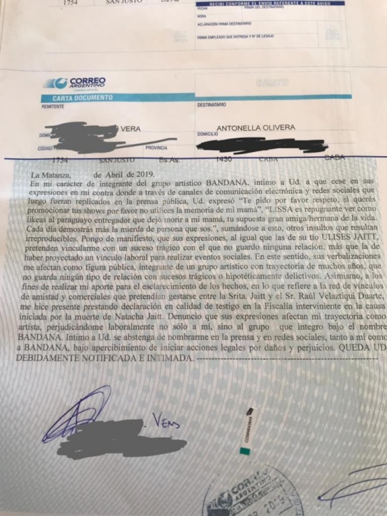 Lissa Vera intimó por carta documento a Ulises Jaitt y a la hija de Natacha: la respuesta del periodista