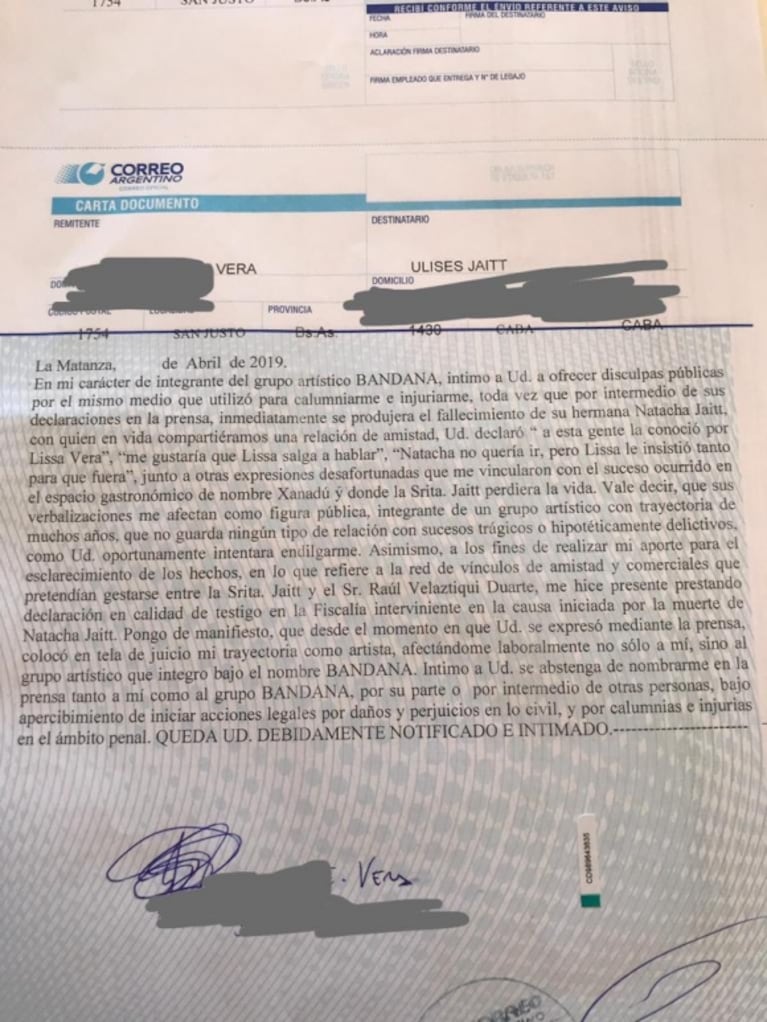 Lissa Vera intimó por carta documento a Ulises Jaitt y a la hija de Natacha: la respuesta del periodista