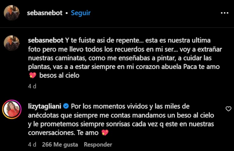 Lizy le dio el pésame a Sebastián por el fallecimiento de su abuela.