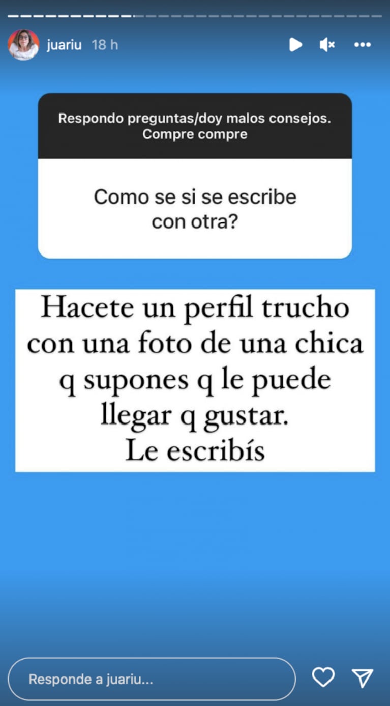 Llamativo consejo de Juariu a una seguidora que sospecha que su novio le es infiel: "Hacete un perfil trucho"