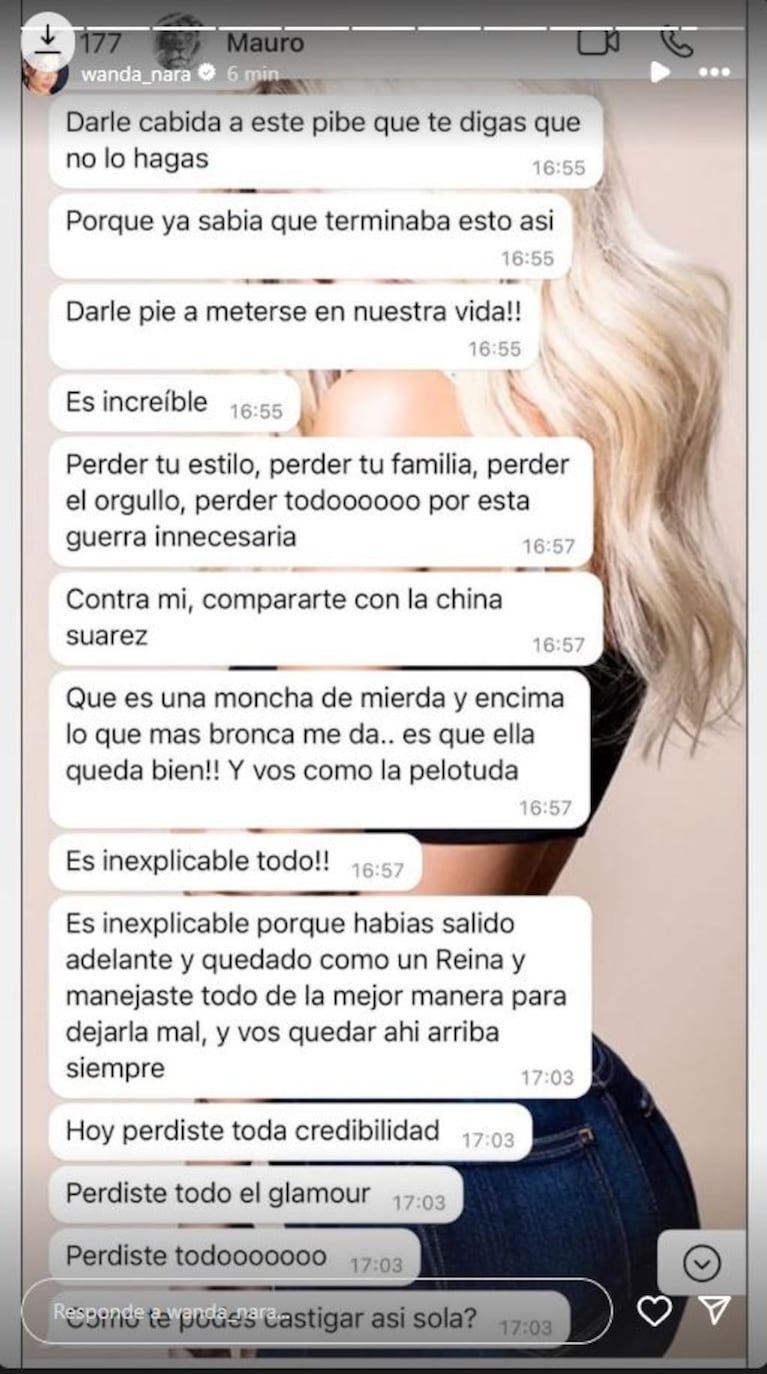 Los chats de Mauro Icardi, que mostró Wanda Nara. Fuente: Imagen subida a la web por TN.