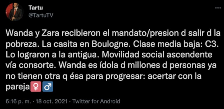 Los escandalosos tweets de Tartu contra Wanda y Zaira Nara: "Recibieron la presión de salir de la pobreza y lo lograron a la antigua"